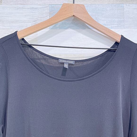 Eileen Fisher 100% Silk Asymmetric Sheer Mesh Hem Tunic Top Black Womens Large - Picture 2 of 6